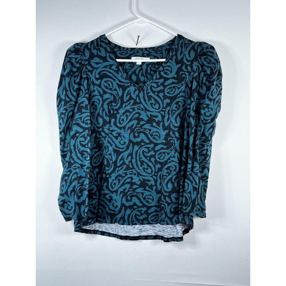 Chico's Shirt Womens 2 L Blue Paisley V Neck Long Puff Sleeve Jersey Top